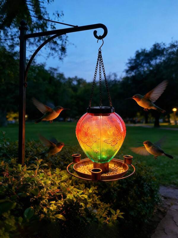 1pc New Solar Butterfly Hot Air Balloon Light Outdoor Iron Bird Feeder Hanging Lamp Garden Yard Decoration Light