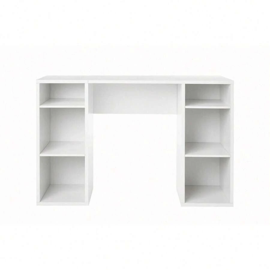 Computer Desk With 4-Cube Storage Shelves, Home Office Writing Desk With Built-In Bookcase, White Wood Finish - White Grain - View 1