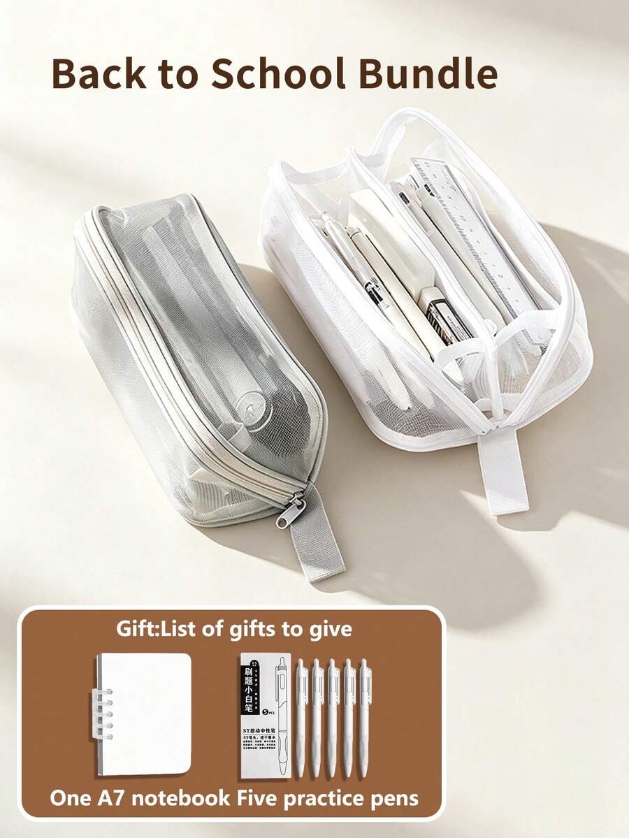 1pc Transparent Mesh Prism-Style Student Pencil Case, Designed For Exams, Large Capacity, Minimalist & Practical Style, Suitable For Middle And High School Students, Stationery Box Function; Applicable For Middle School And College Students' Entrance Exam Stationery Bag, Suitable For Boys And Girls; Multi-Functional Pencil, Eraser, Ruler Desktop Stationery Box, Suitable For School/Tutoring Center/Office/Middle And Elementary Students/Boys And Girls/Office Personnel/Back To School Gift. Includes 1 Free A7 Notebook And 1 Box Of Pens. - Multicolor - View 1