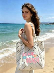 1/2pcs Polka Dots Tote Bag & Makeup Bag, Printed Beach Pattern, Suitable For Vacations, Commuting, Shopping, Gift For Family & Friends. - Multicolor - View 3