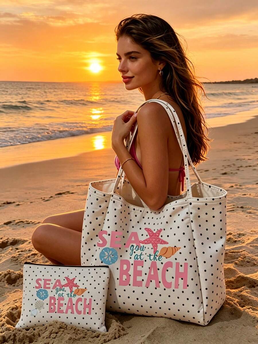 1/2pcs Polka Dots Tote Bag & Makeup Bag, Printed Beach Pattern, Suitable For Vacations, Commuting, Shopping, Gift For Family & Friends. - Multicolor - View 1