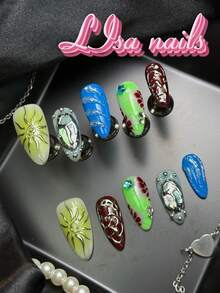 10pcs Handmade Full Coverage Almond Shaped Press-On Nails, Green, Blue, Lime Green Colors, Wild Bold Vintage Y2K Style, Reusable, 4 Sizes Available, Suitable For Party And Daily Wear, Includes Jelly Glue And Nail File - Multicolor - View 2
