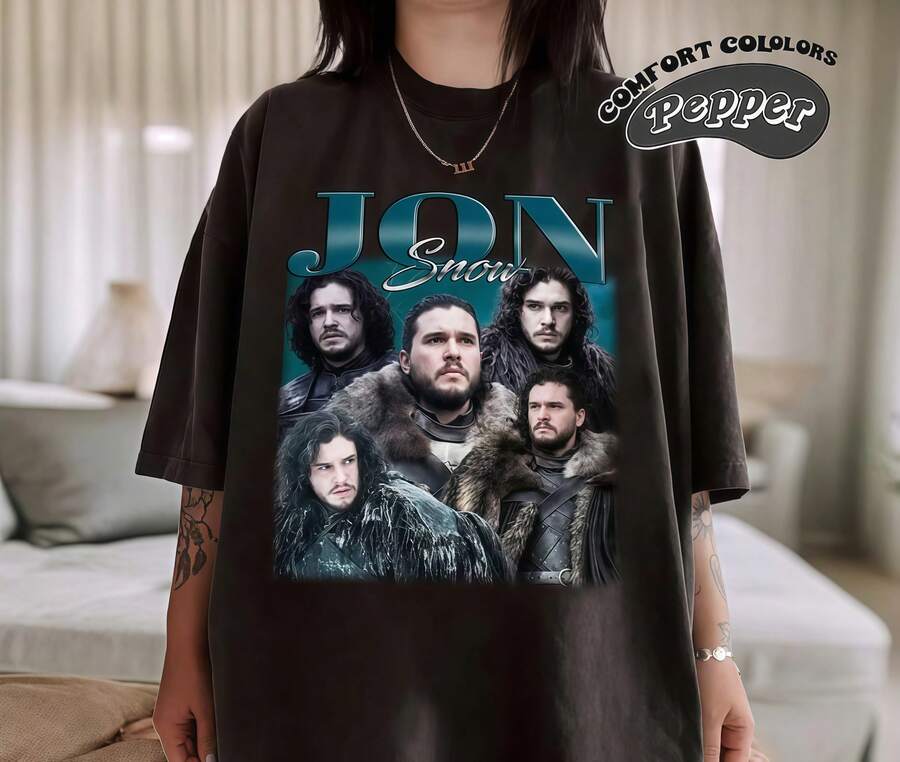 Pepper Grey T-Shirt Collage Of Jon Snow Portraits, Blue Green Gradient Typography, Short Sleeves, Crew Neck, Loose Fit, Retro Style, Fantasy Series - Black - View 1