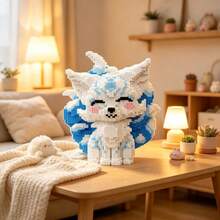 1500+片戴帽小熊、1000+片九尾狐微粒動物積木模型裝飾品，高難度DIY手工3D混色拼圖，獨特浪漫DIY紀念品，情侶與戀人理想禮物裝飾，靜態版，不含燈光 - 1000+pcs藍白色 - 查看 3