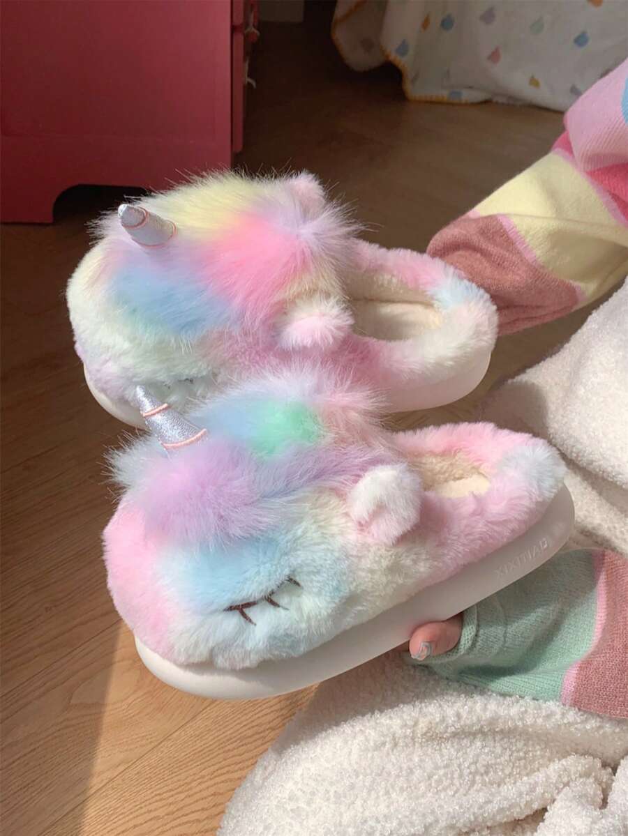XIXITIAO 1 Pair Cute Creative Unicorn Design Plush Indoor House Slippers, Warm & Fashionable Slippers For Women, Suitable For Autumn/Winter
