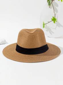 Women's Colorblock Fashion Summer Sun Protection Versatile Woven Jazz Wide Brim Straw Hat, 1pc - Khaki - View 9