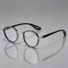 1 Pair Black & Red Contrast Temple Vintage Round Frame Glasses, Unisex Plain Lens Fashion Eyewear - Black and Silver Frame - View 1