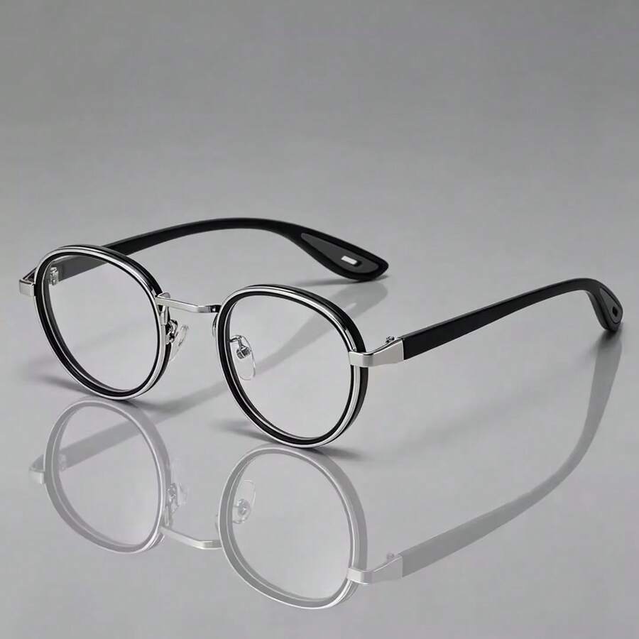 1 Pair Black & Red Contrast Temple Vintage Round Frame Glasses, Unisex Plain Lens Fashion Eyewear - Black and Silver Frame - View 1