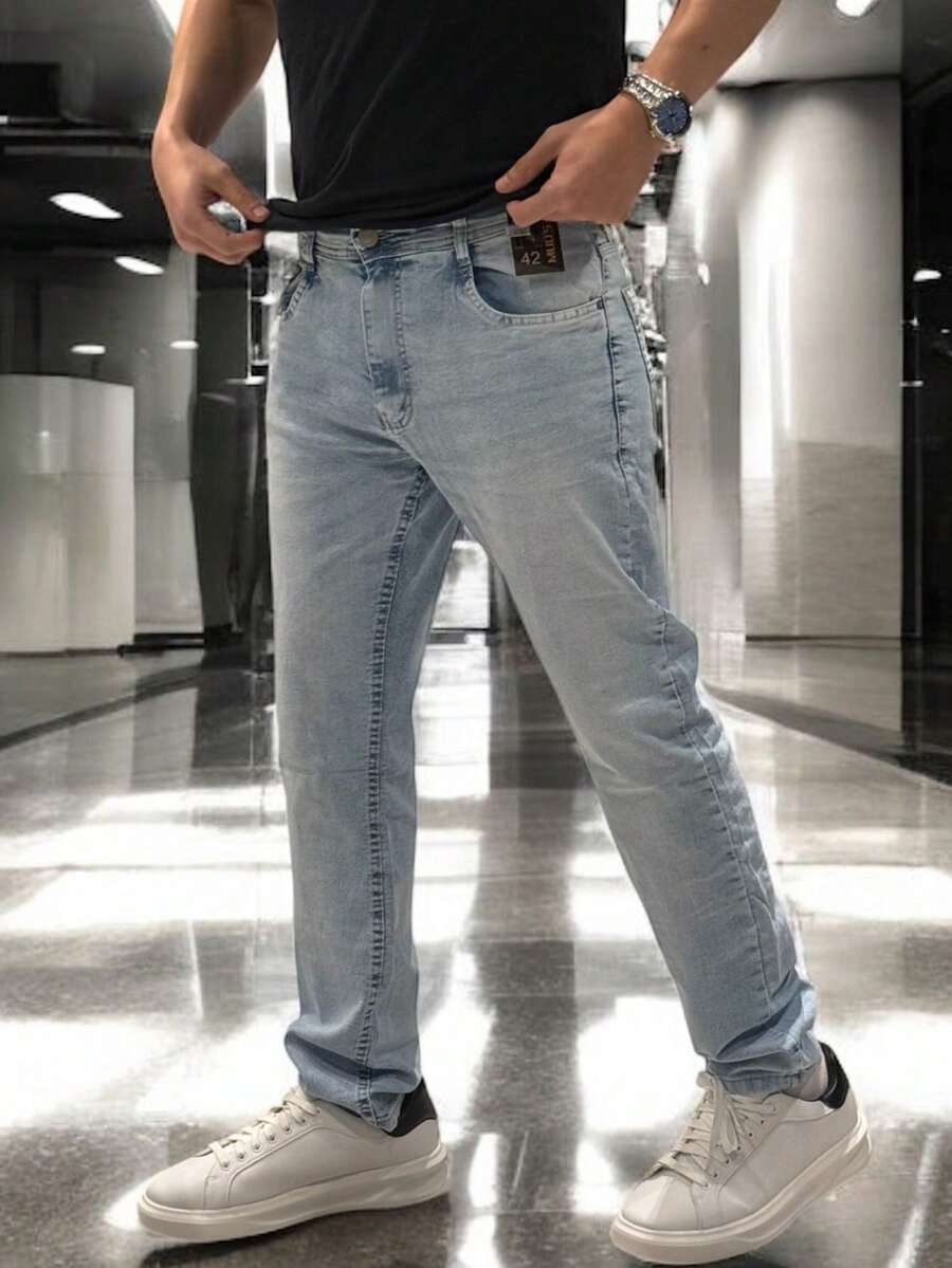 Men's Slim Fit Premium Denim Jeans With Elastane Lycra - 藍色冰島 - 查看 1