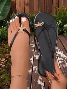 1 Pair Women Black Bohemian Thong Flip Flops Gold Starfish Decor Flat Slip On Summer New Design - Black - View 2