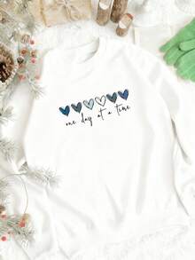 Women's Cotton Blend Lightweight Crewneck Sweatshirt Heart Pattern One Day At A Time Text All Seasons Casual Back To School Family Holiday Wear - White - View 3