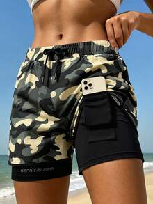 Damen Camouflage Sportshorts, 2 in 1 Design, geeignet für Sommer Fitness und tägliches Tragen, 1 Stück - Gelb - Übersicht 1