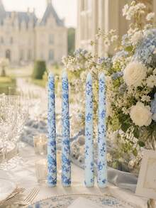 2pcs French Floral Print Taper Candles, Blue And White Pattern Decorative Table Candles, Smokeless Soy Wax, Suitable For Home Decor, Party, Gathering, Holiday, Banquet, Ideal For Thanksgiving, Christmas And Halloween - Multiple Styles - View 3