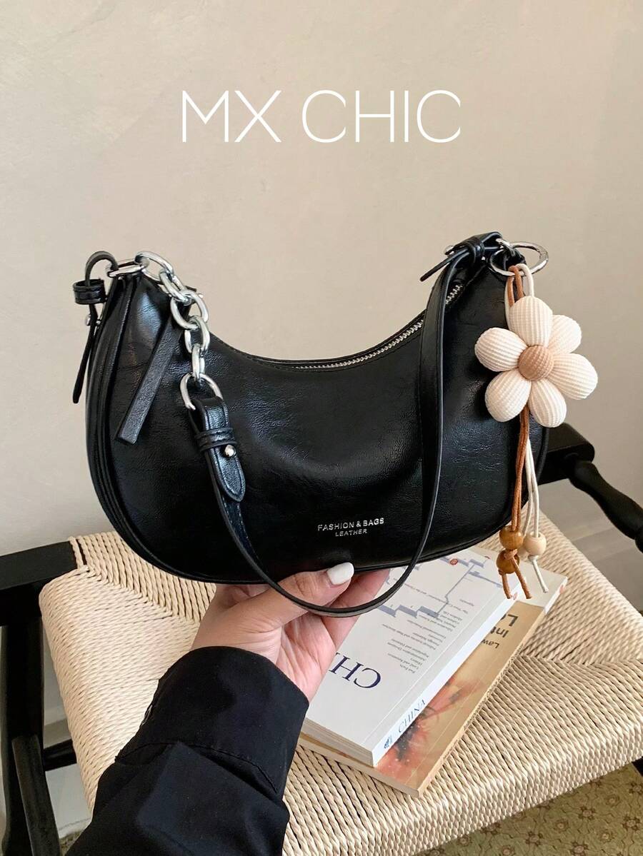1pc Women's Solid Color PU Leather Shoulder Bag, Multifunctional Crossbody Commuter Bag, Adjustable Strap - Black - View 1