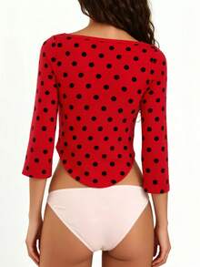 Women Summer Bell 3/4 Sleeve Crop Top Boat Neck Solid Color Slim Fit Basic T Shirts Y2K Party Top For Spring Fall - Red and Black - View 2