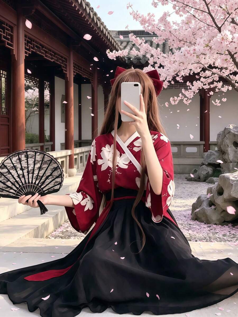 1PC Oriental Element Modified Girl Floral Yao Daily Ancient Style Outfit Set, Suitable For Festival Party Performance Wear, COSPLAY Role Play Costume Accessories, Includes Top + Skirt - Red and Black - View 1