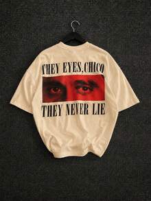 Fractyr 男士雙面印花寬鬆T恤，「Their Eyes Young Men, They Never Lie」紅色眼睛圖案短袖圓領上衣，復古街頭風休閒上衣，柔軟舒適，適合城市生活與電影迷 - 杏色 - 查看 5