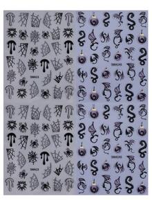 4件組 3D哥德式萬聖節美甲貼紙，混色亮片蜘蛛網、蜘蛛、血滴、龍、蝙蝠圖案，自黏式美甲貼花，暗黑龐克恐怖萬聖節DIY美甲裝飾 - 黑色 - 查看 10