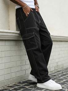 1件大童男孩復古休閒前衛極簡風仿牛仔口袋工裝長褲 春夏秋冬返校穿搭 - 黑色 - 查看 3
