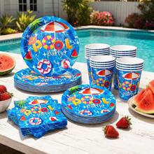 73/25/16pcs Summer Pool Theme Party Disposable Plates, Napkins, Cups Set, Party Supplies For 16 Guests, Disposable Paper Plates Party Tableware Suitable For Birthday, Wedding, Party, Family Picnic - Swimming Pool - View 1