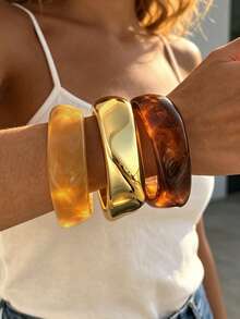 3pcs/Set Fashionable Minimalist Elegant Exquisite Vintage Design Geometric Ribbon Colorful Resin Asymmetrical Marbled Pattern CCB Metal Style Exaggerated Wide Chunky Bracelets Set, Holiday Vacation Party Date Gift, Daily Commute Wear, Personalized - Multicolor - View 2