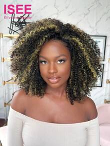 ISEE New Invisible Hairline Half Wig, African Curly Hair, 180% Density, 16-20 Inch Regular Length, Black Base With Honey Gold Highlights, Reversible Wear, Glue-Free Wig, Suitable For Beginners - S2/24 - View 2