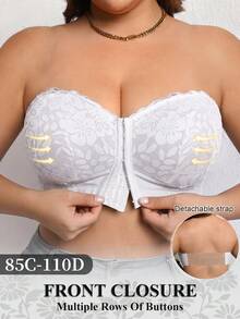 Bra Tanpa Tali dengan Penutup Depan Renda Bunga untuk Wanita Ukuran Plus, Nyaman & Bernapas, Dukungan Samping Push-Up, Pengait Multi-Baris, Tali Transparan yang Dapat Dilepas - Putih - View 5