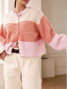 Plus Size Women's Casual Colorblock Striped Cardigan, Autumn/Winter - Multicolor - View 2