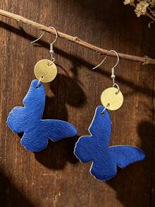 1 Pair Vacation Style Blue Glossy PU Leather Double-Sided Butterfly Patchwork Small Round Disc Dangle Earrings For Women - Dark Blue - View 6