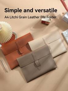 1Pc Thick 2mm Double-Sided PVC Litchi Grain Leather File Bag, Waterproof Scratch Resistant A4 Document Folder, Large Capacity Holds 14 Inch Laptop Minimalist Envelope Portfolio, Office Business Travel Document Storage Pouch - Close the Buckle - View 1