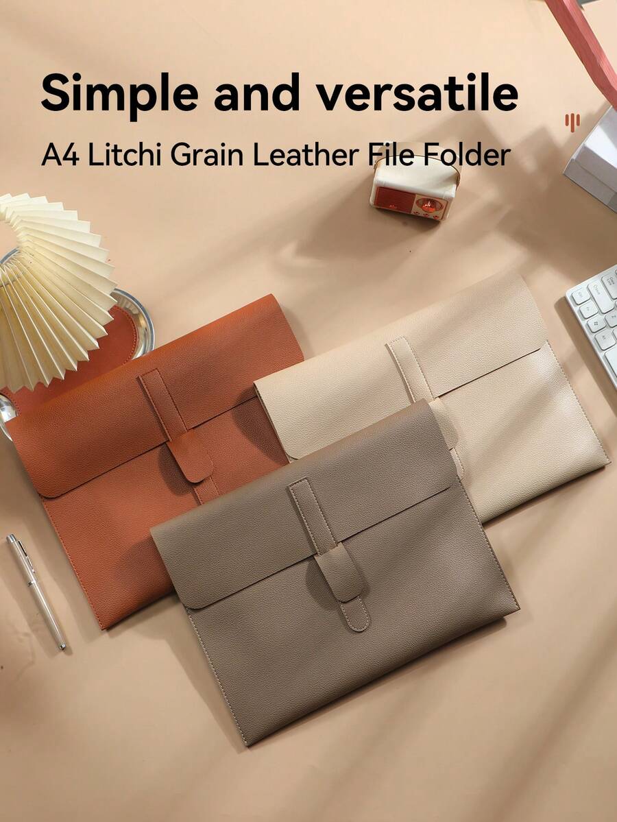 1Pc Thick 2mm Double-Sided PVC Litchi Grain Leather File Bag, Waterproof Scratch Resistant A4 Document Folder, Large Capacity Holds 14 Inch Laptop Minimalist Envelope Portfolio, Office Business Travel Document Storage Pouch - Close the Buckle - View 1