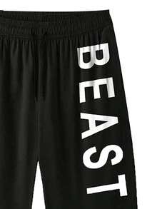 男士軟針織字母印花運動運動短褲，彈性抽繩腰頭 BEAST 垂直圖案膝蓋長度短褲，適合健身跑步街頭日常穿搭 - 黑色 - 查看 4
