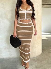 BohoFeel 2Pcs Set Colorblock Stripe Knitted Button Front Square Neck Crop Cami Tank Top & Ruffle Trim Crochet Long Skirt Beach Outfit - Coffee Brown - View 2