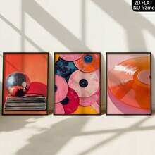 3-Piece Frameless Vintage Music Canvas Poster - Bright Pink And Orange Disco Ball Vinyl Record Wall Art Print, Bedroom Dorm Modern Minimalist Photo Wall Decor, Minimalist Academic Style Room Decoration, Holiday Decoration Gift. - 3pcs-orange-rimless - View 6