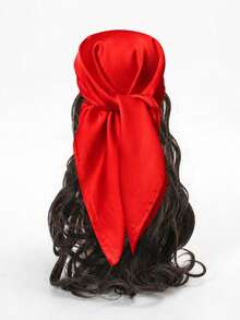 1pc Soft Solid Color Minimalist Polyester Silk-Like Square Scarf, Headband, Hairband, Suitable For Styling - Red - View 1