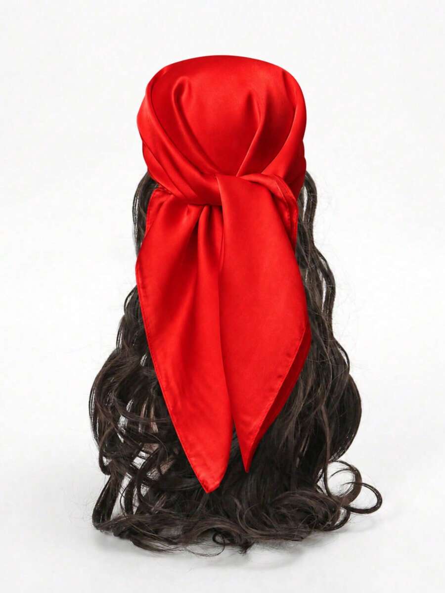 1pc Soft Solid Color Minimalist Polyester Silk-Like Square Scarf, Headband, Hairband, Suitable For Styling - Red - View 1