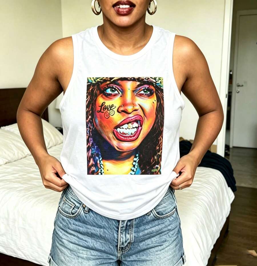 Erykah Badu Print Sleeveless Tank Top, 2000s Style Summer Going Out Top For Women - 白色2 - 查看 1