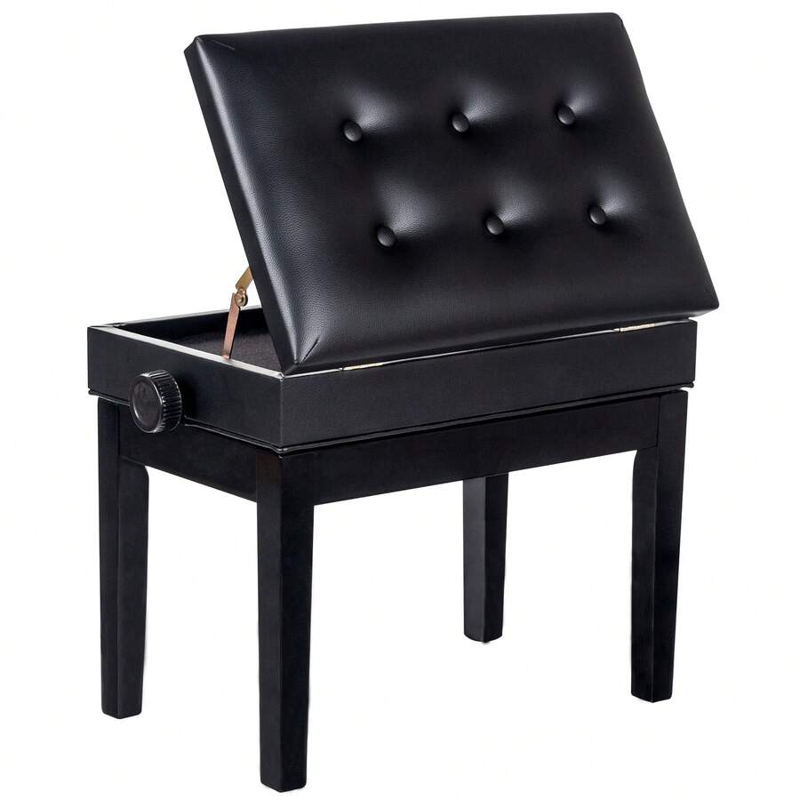 GRANDMA SHARK Piano Stool, Dressing Table Stool, Height Adjustable, Single Seat Keyboard Bench With Storage Compartment, Soft Faux Leather Padded Seat (Black Button) - Black - View 1