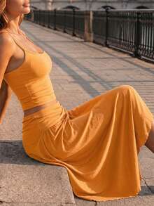 Women's Orange Elegant Spaghetti Strap Cropped Top + Asymmetric Hem Midi Skirt 2-Piece Set, Side Tie Design, Suitable For Summer/Autumn Vacation, Holiday, Graduation Party, 2 Piece Set Woman, Dress For Women, Vacation Outfit Women - Orange - View 4