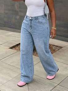 Plus Size Casual Fashionable Washed Loose Wide-Leg Jeans - Light Wash - View 3