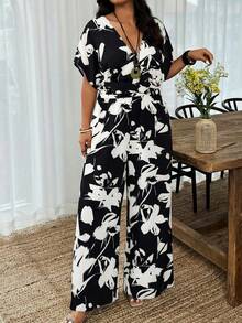 Weeklong Pantalones de pierna recta con cintura ceñida, estampado floral de unicolor, adecuados para uso diario y vacaciones, talla grande para mujeres con cuello en V - Multicolor 5 - Ver 1