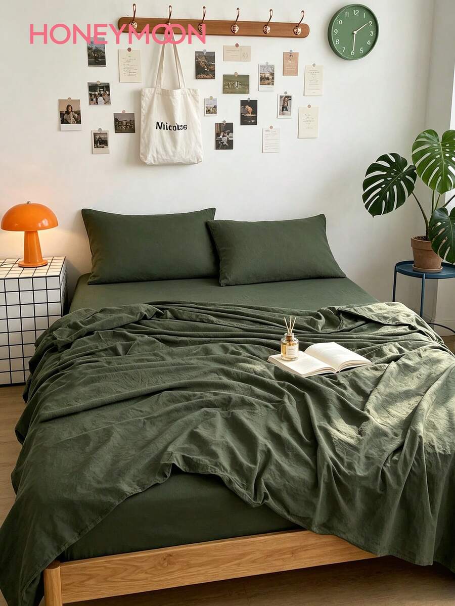 HONEYMOON 3/4件套純色床上用品套裝(3件套 = 1件床笠 + 1件床單 + 1件枕套,4件套 = 1件床笠 + 1件床單 + 2件枕套)100%聚酯纖維面料,Ins風格,適合9-12英吋深口袋,抗縮水,可機洗,適用於各種尺寸,四季通用,居家與學校宿舍使用,開學必備,Oeko-Tex認證,橄欖綠 - 橄欖綠 - 查看 1
