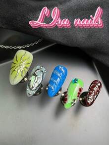 10pcs Handmade Full Coverage Almond Shaped Press-On Nails, Green, Blue, Lime Green Colors, Wild Bold Vintage Y2K Style, Reusable, 4 Sizes Available, Suitable For Party And Daily Wear, Includes Jelly Glue And Nail File - Multicolor - View 4