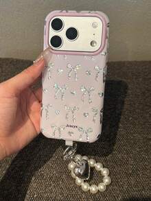 Funda de teléfono de lujo con pantalla completa, lazo, corazón, brillo, asimétrica, con patrón de strass y lentejuelas, color rosa, compatible con iPhone 17 Pro Max, 17 Pro, 16 Pro Max, 15 Pro Max, 13, 14 Pro Max, 16 Plus, 12 Pro Max, 11, con colgante de perla, suave, con purpurina, protectora, regalo - arco amor corazon - Ver 2