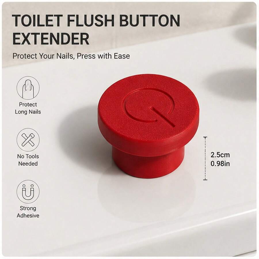 1pc Easy-To-Stick Toilet Flush Button - Prevents Nail Breakage, Suitable For Long Nails - Creative Bathroom Accessory, Toilet Decor - Red - View 1