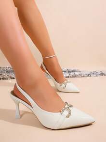 White Patent Leather Pointed Toe Slingback High Heels, Elegant Metal Buckle Stiletto Pumps For Women, Summer Formal Date, Wedding And Vacation Occasions - White - View 5