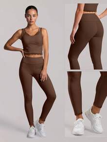 Sodalemon Women's Elastic Waist Yoga Leggings, Contrast Color Lace Solid Color Fitness Bottoms, Running Workout Pants - Brown - View 8