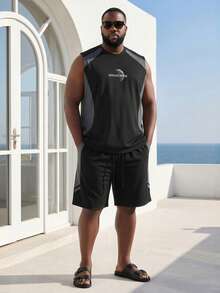 Plus Size Men's Colorblock Quick-Dry Printed Sleeveless Tank Top & 5-Inch Shorts 2-Piece Set, Loose Fit Summer Workout Outfit - Black - View 2