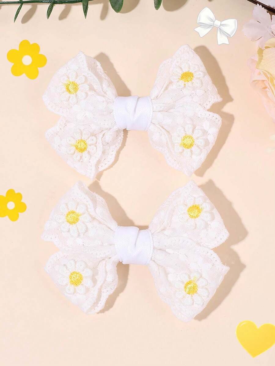 2pcs White Lace Hair Bows For Girls Embroidered Daisy Decor Ribbon Alligator Clip Sweet Casual Daily Hair Clips Teens Hair Accessories - Multicolor - View 1