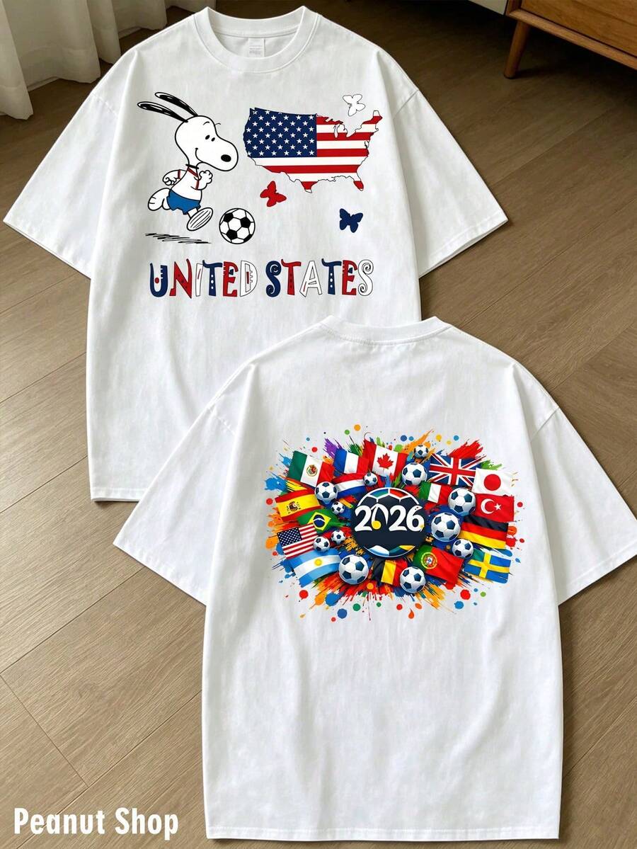 Peanuts Snoopy Soccer Team 2026 World Cup Print Men's T-Shirt, 100% Cotton Crew Neck, Flag & Soccer Graphic Tee, Ideal For Football Fans & Daily Wear - 白色 - 查看 1